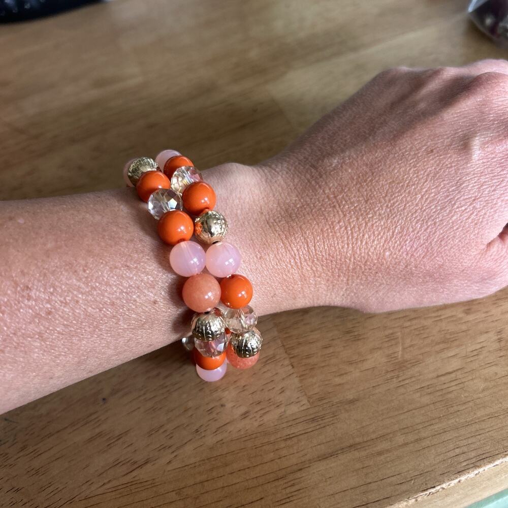 Stone Beads Elastic Bracelets (2) Pink Orange Gold Tone Gift Fashion Women’s
